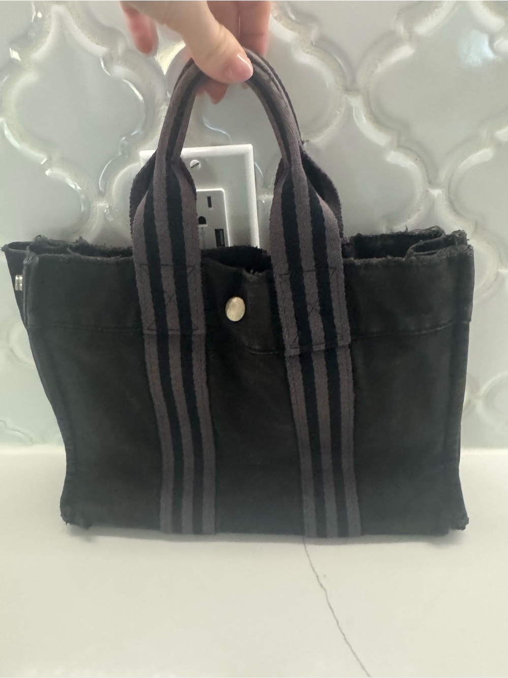 Hermes Black Canvas Tote with Striped Webbing Handles